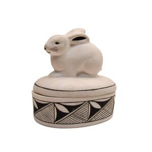 Vintage Acoma Pottery Rabbit Oval Trinket Box Black & White Geometric Design